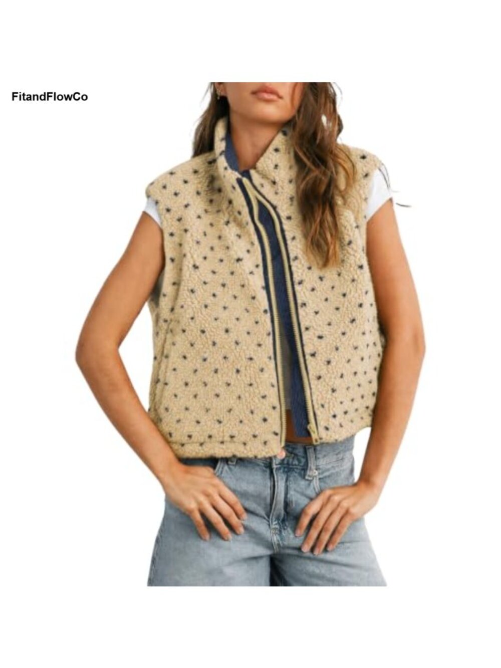 Sherpa Fleece Vest Polka Dot Sleeveless Zip Up Stand Collar Casual